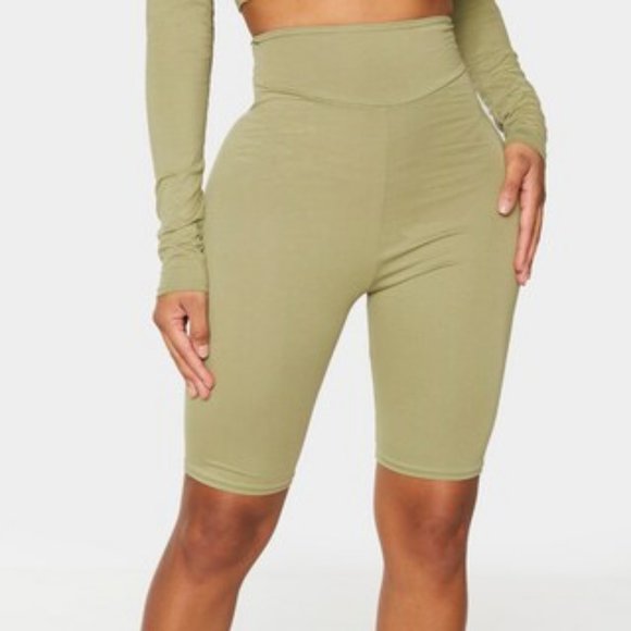 Pretty Little Things Shape Sage Green Cotton Panel Detail Bike Shorts.NWT~Size10 - Picture 2 of 4